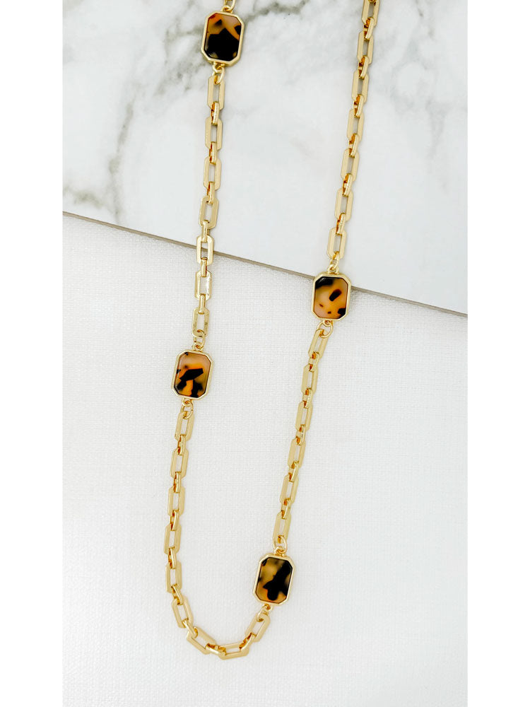 Envy Long Leopard Print Detail Necklace Gold