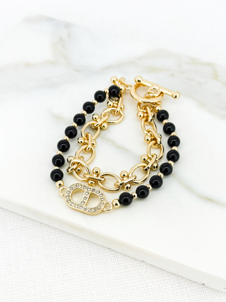 Envy Double Layer Bracelet with Diamante Pendant Gold &amp; Black