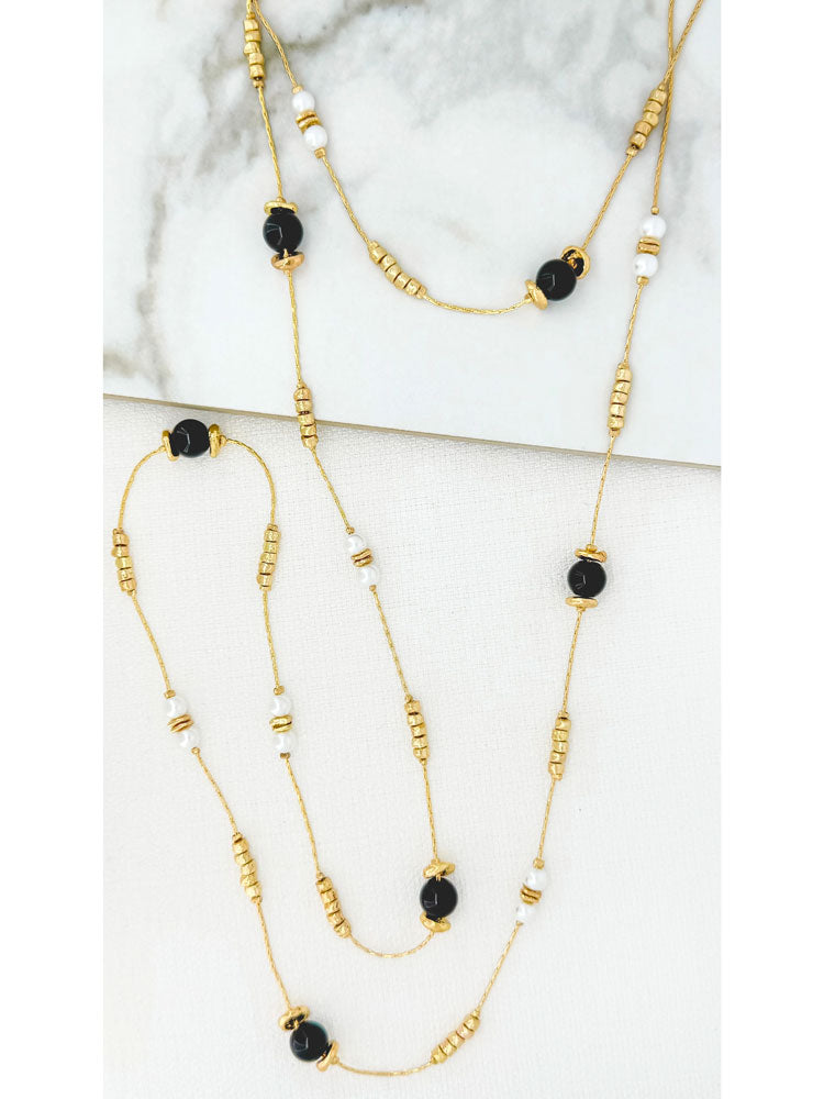 Envy Long Double Layer Gold, Black &amp; Pearl Necklace