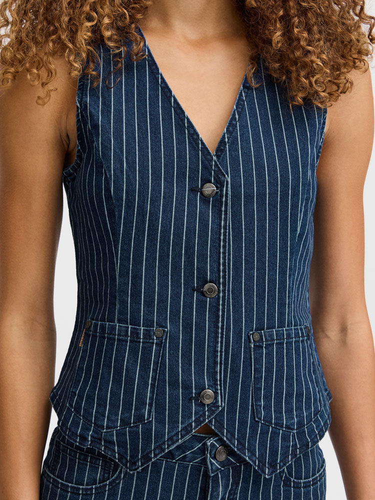 Pulz PzHannah Waistcoat Blue Stripe Denim