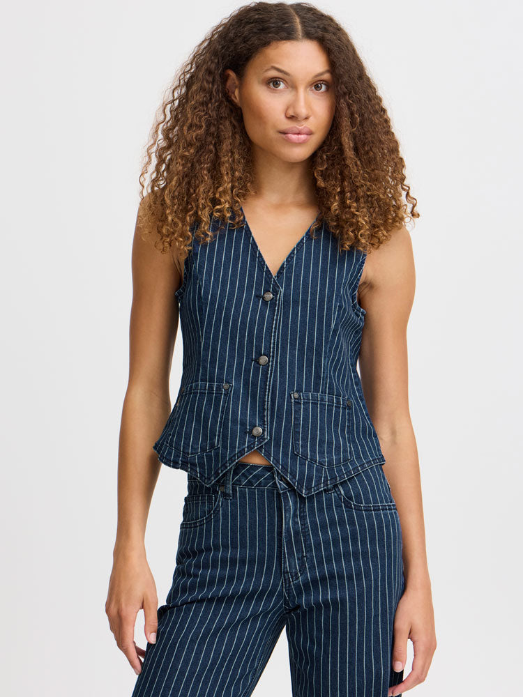 Pulz PzHannah Waistcoat Blue Stripe Denim