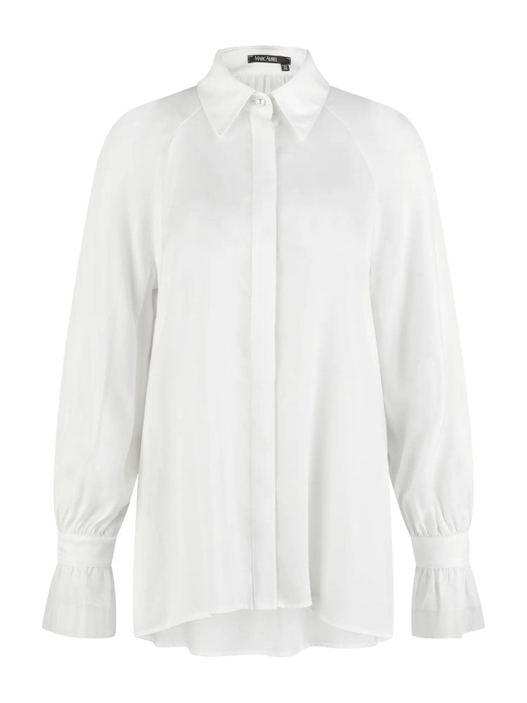 Marc Aurel Satin Blouse with Tulle Cuffs Off White