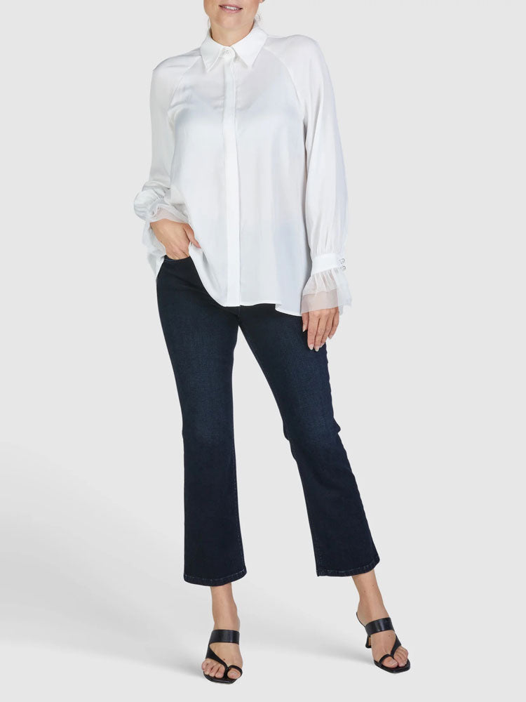 Marc Aurel Satin Blouse with Tulle Cuffs Off White