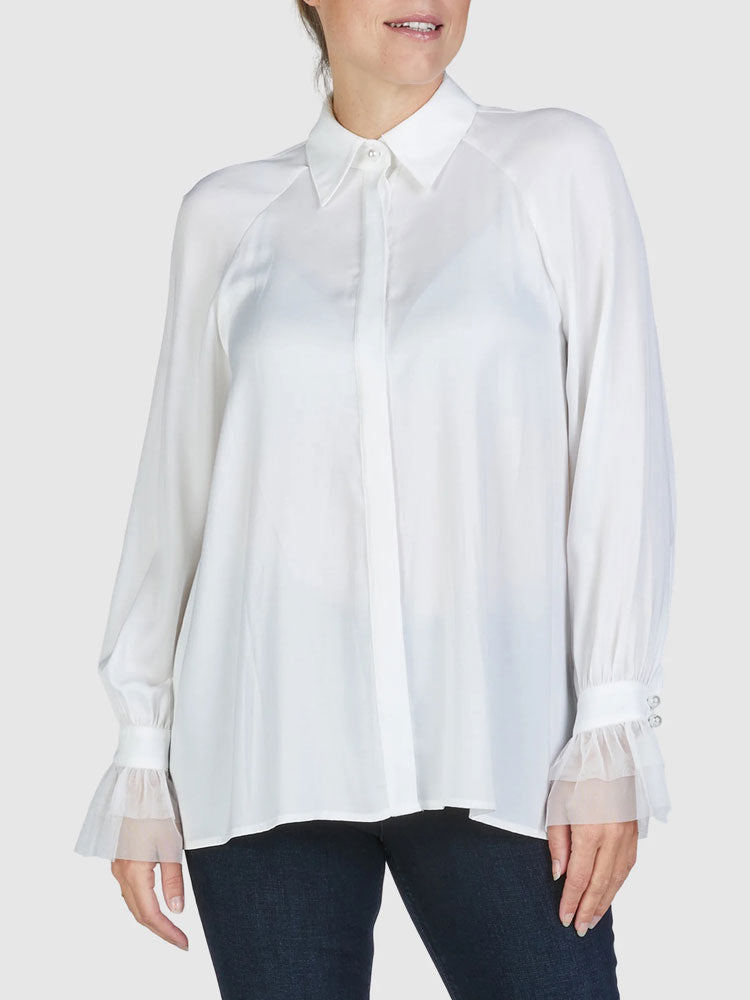 Marc Aurel Satin Blouse with Tulle Cuffs Off White