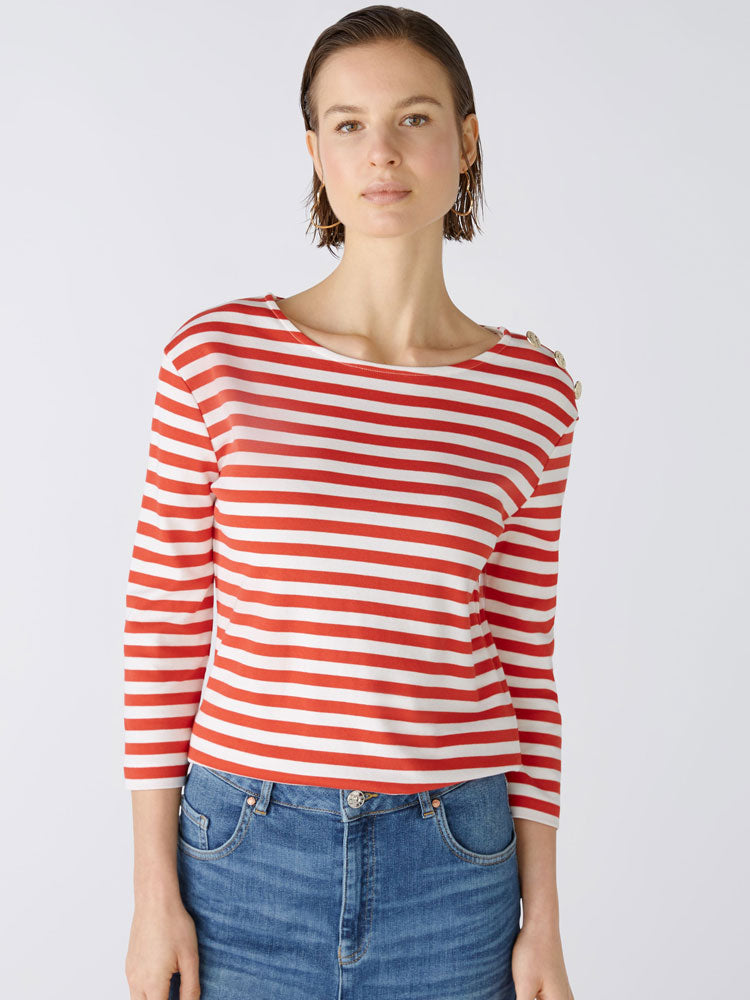 Oui Striped Long Sleeve T-Shirt Red &amp; White