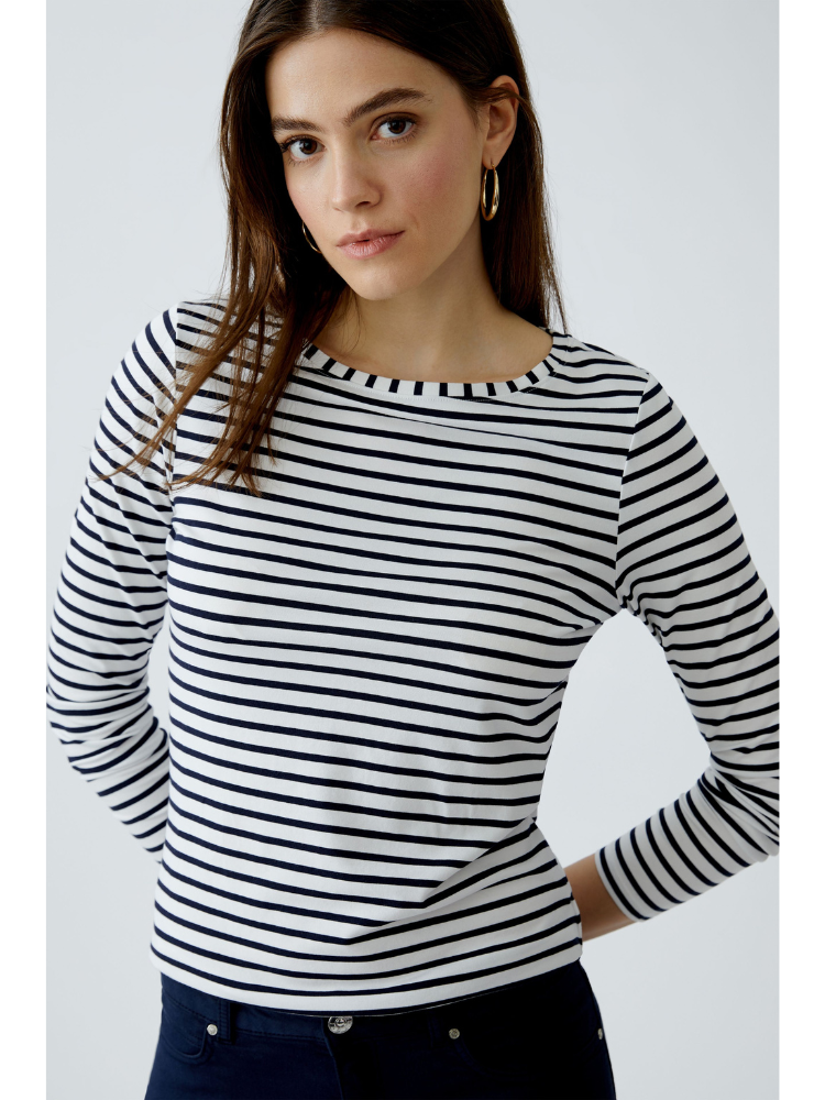Oui Striped Long Sleeve Top White &amp; Navy