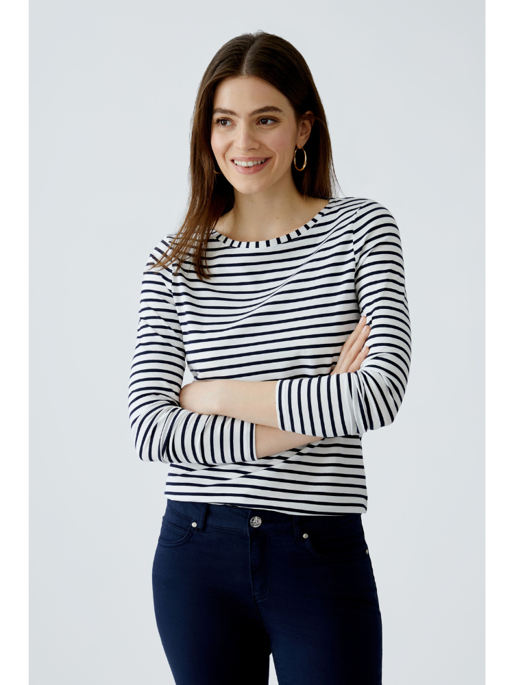 Oui Striped Long Sleeve Top White &amp; Navy