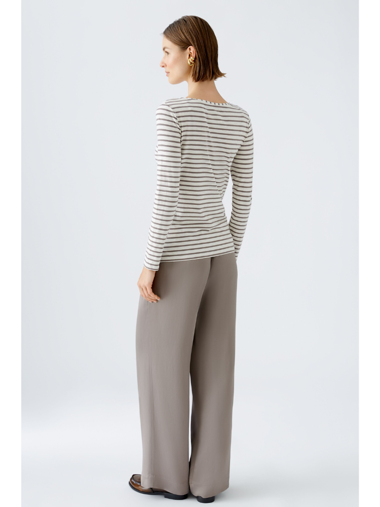 Oui Striped Long Sleeve Top Off White &amp; Brown