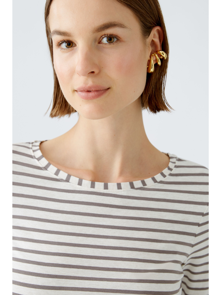 Oui Striped Long Sleeve Top Off White &amp; Brown