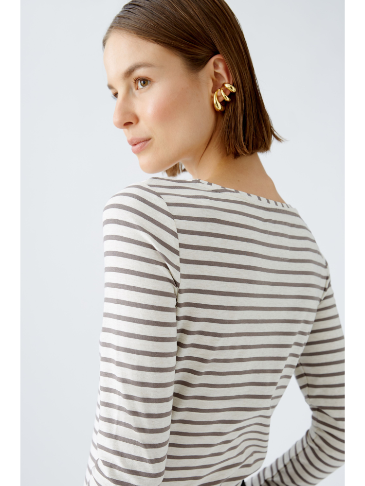 Oui Striped Long Sleeve Top Off White &amp; Brown