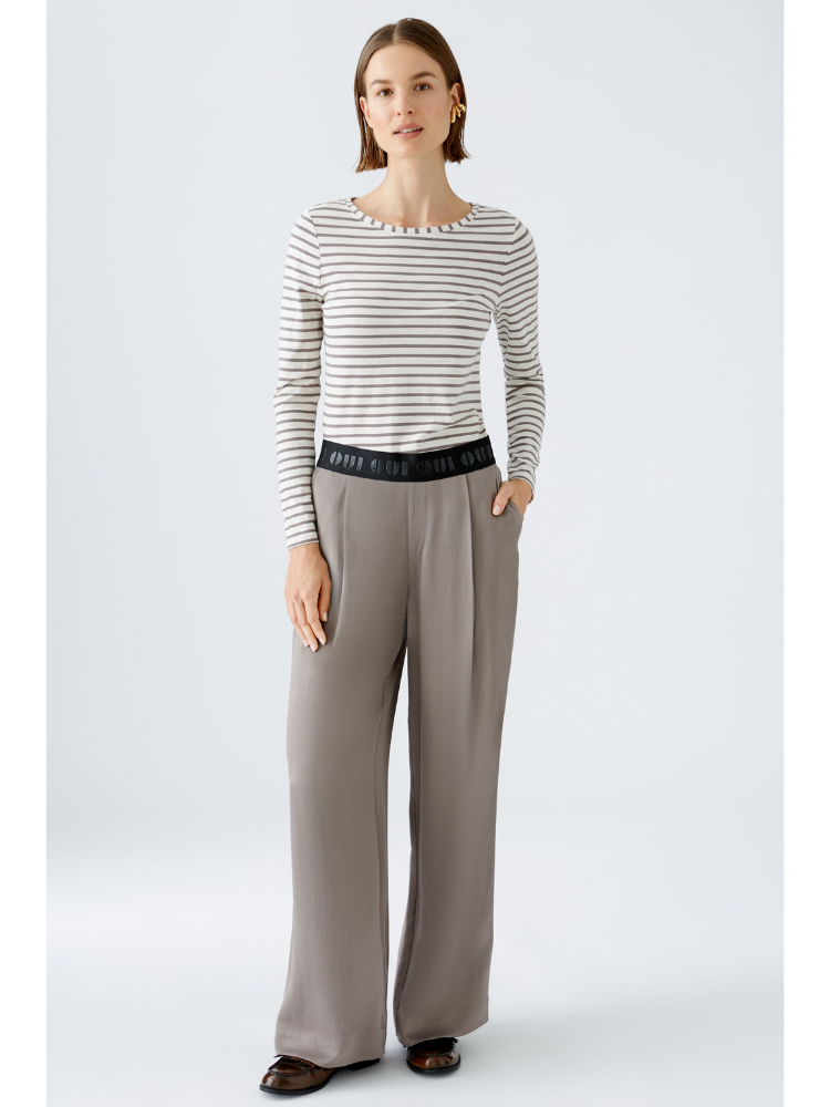 Oui Striped Long Sleeve Top Off White &amp; Brown