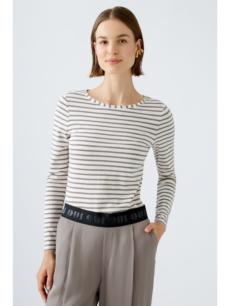 Oui Striped Long Sleeve Top Off White &amp; Brown
