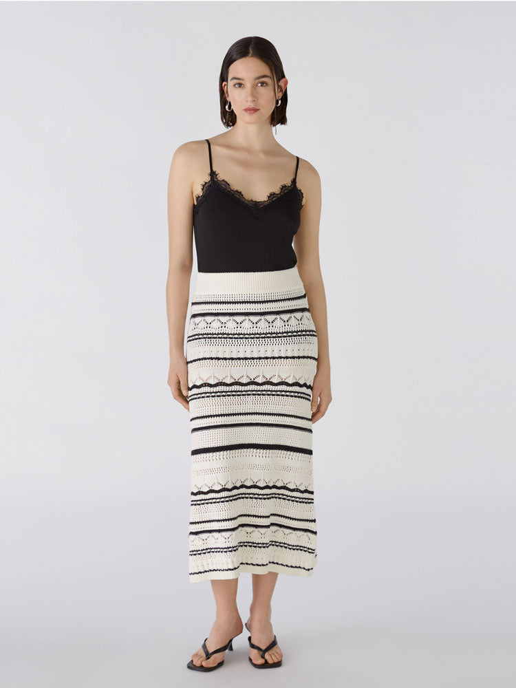 Oui Knitted Midi Skirt Off White &amp; Black