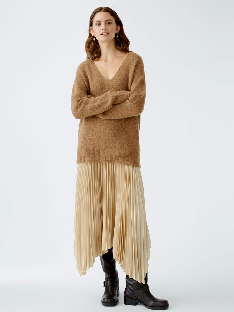 Oui Pleated Midi Skirt Light Stone