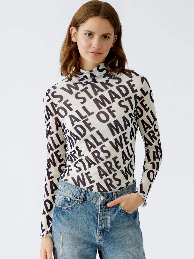 Oui Slogan Turtleneck Top White &amp; Black