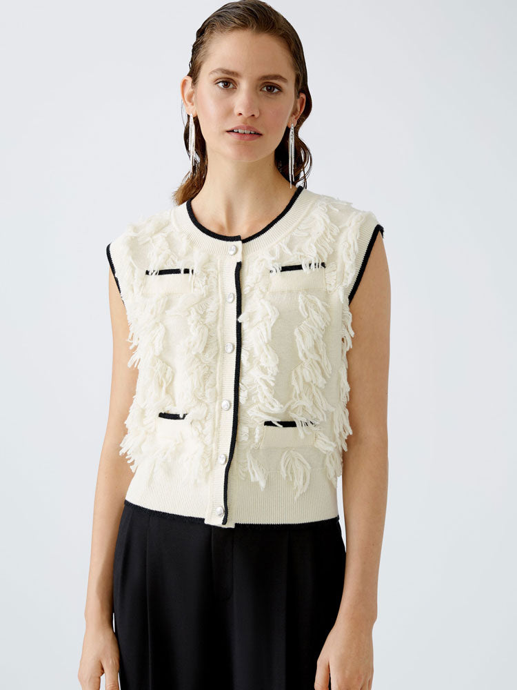 Oui Textured Waistcoat Off White &amp; Black