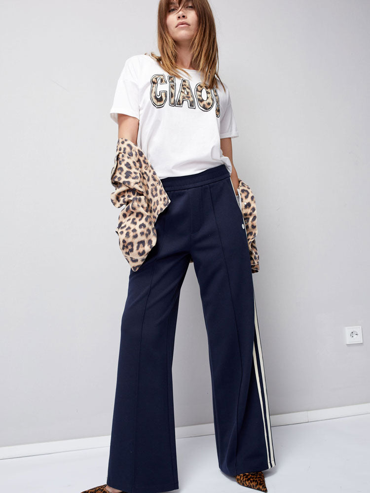 Oui Trousers with Side Stripes Dark Blue