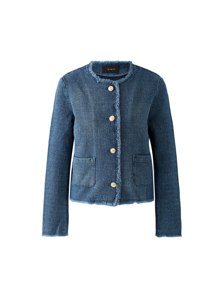 Oui Collarless Jacket Blue Denim