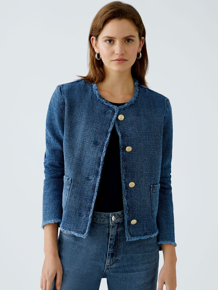 Oui Collarless Jacket Blue Denim