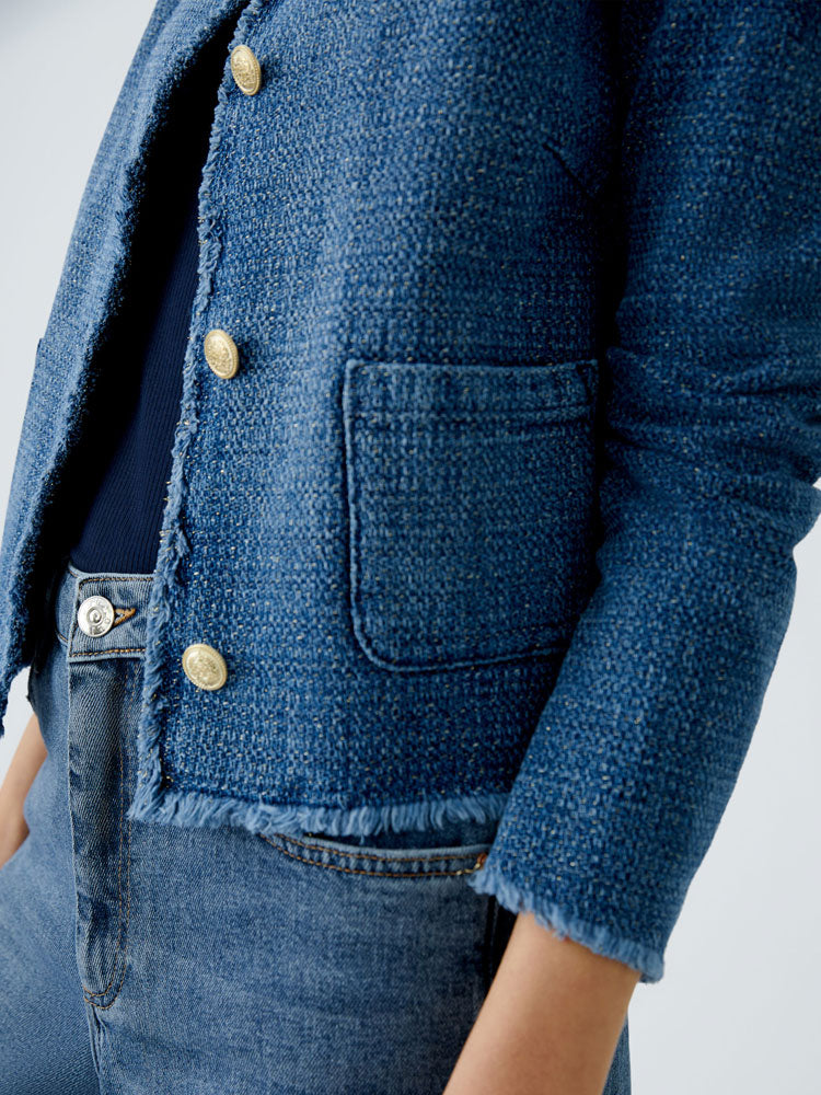 Oui Collarless Jacket Blue Denim