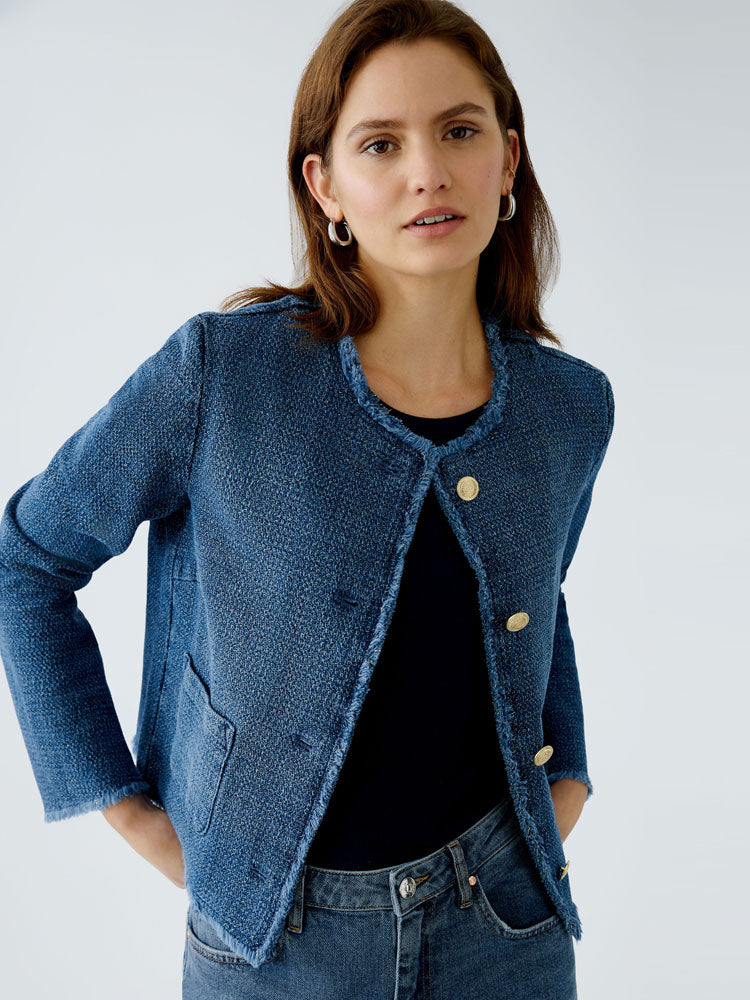 Oui Collarless Jacket Blue Denim