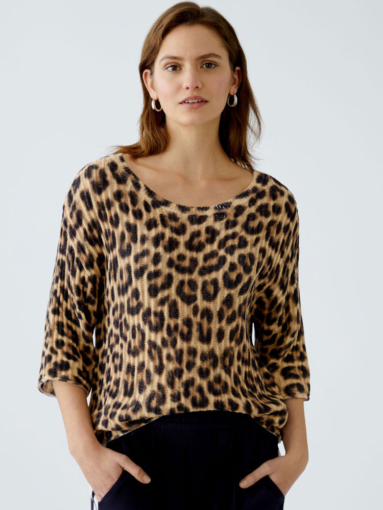 Oui Animal Print Jumper Light Brown &amp; Black