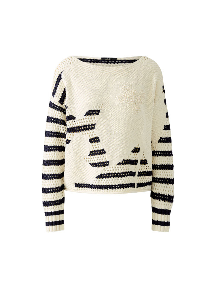 Oui Textured Jumper White &amp; Blue