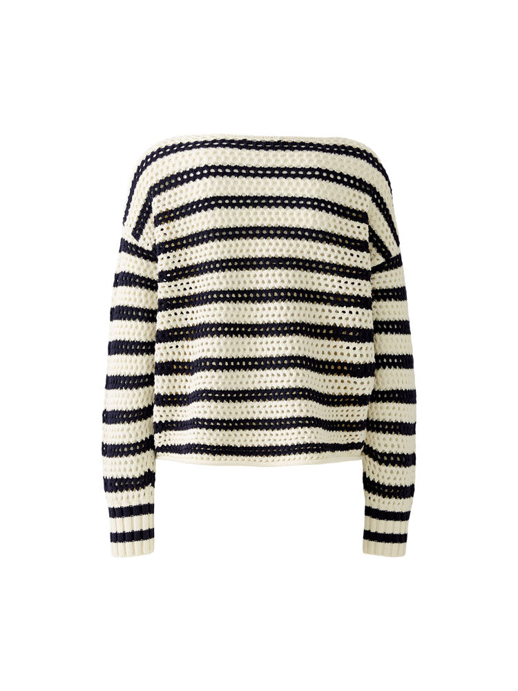 Oui Textured Jumper White &amp; Blue