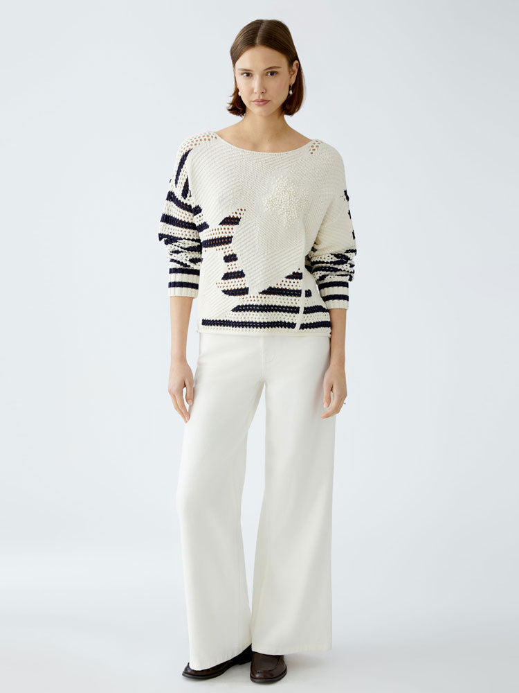 Oui Textured Jumper White &amp; Blue