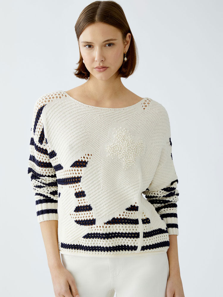 Oui Textured Jumper White &amp; Blue