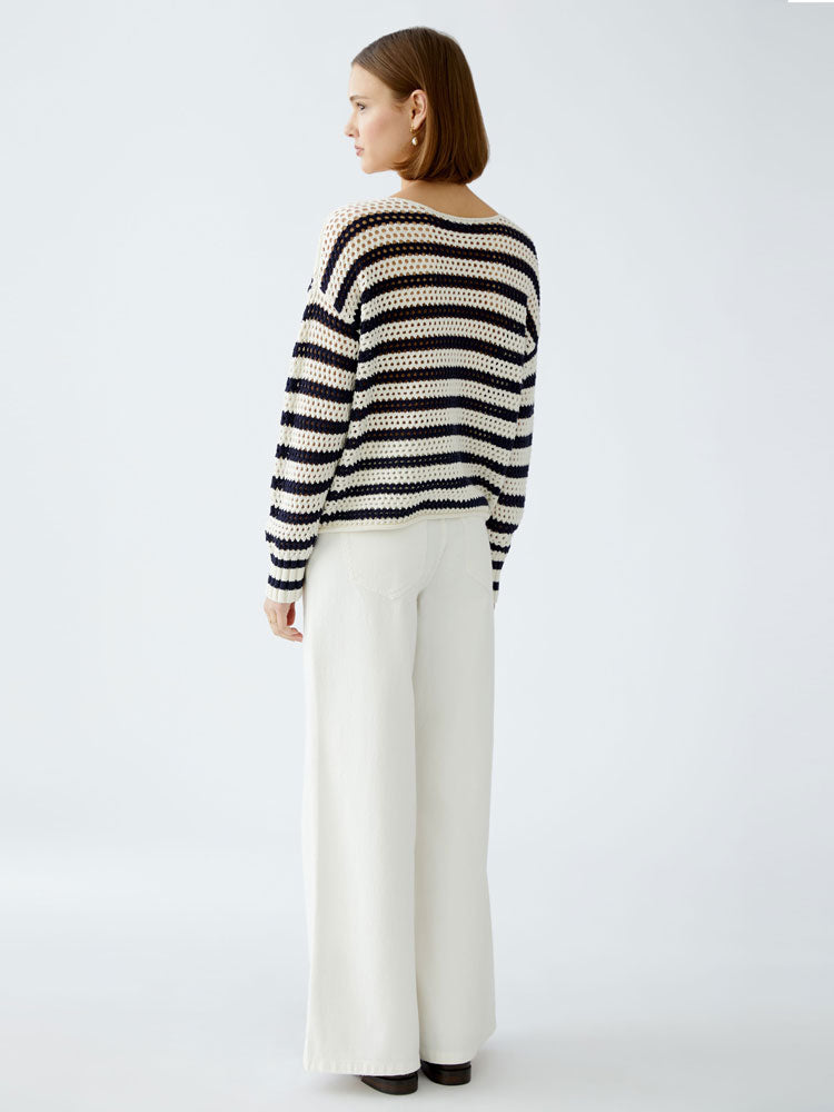 Oui Textured Jumper White &amp; Blue