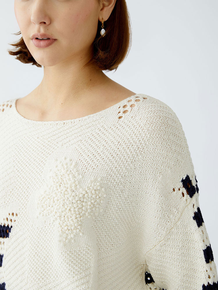 Oui Textured Jumper White &amp; Blue