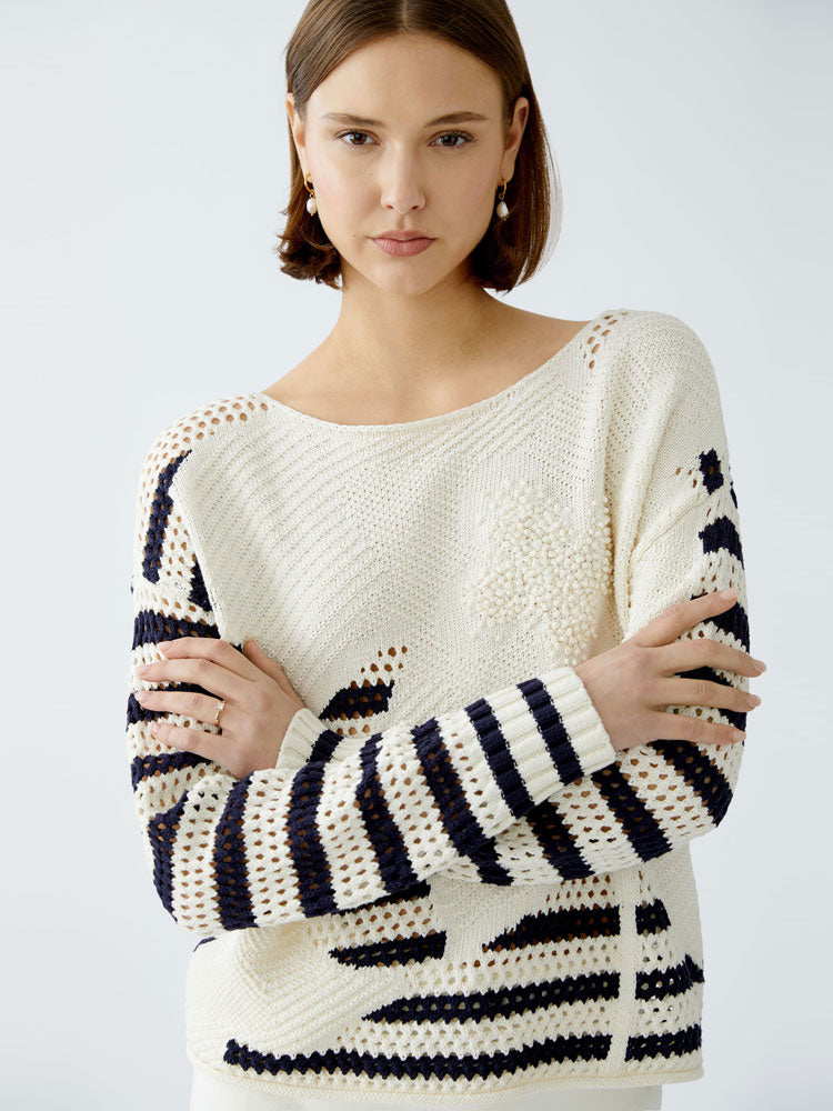 Oui Textured Jumper White &amp; Blue