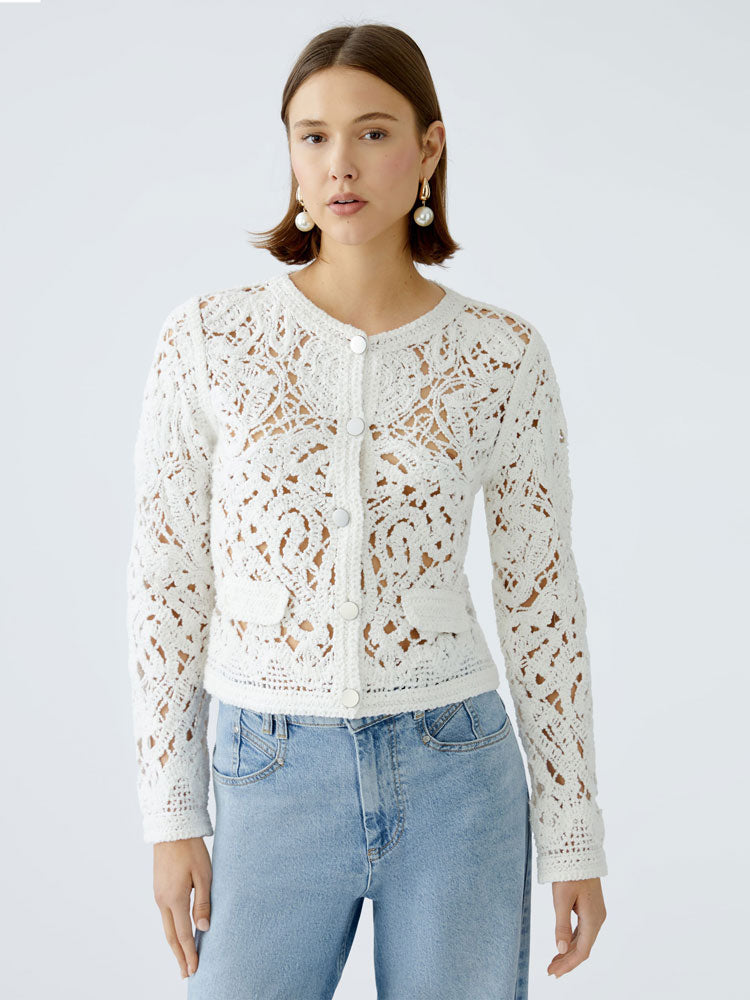 Oui Lace Effect Crochet Cardigan Cloud Dancer