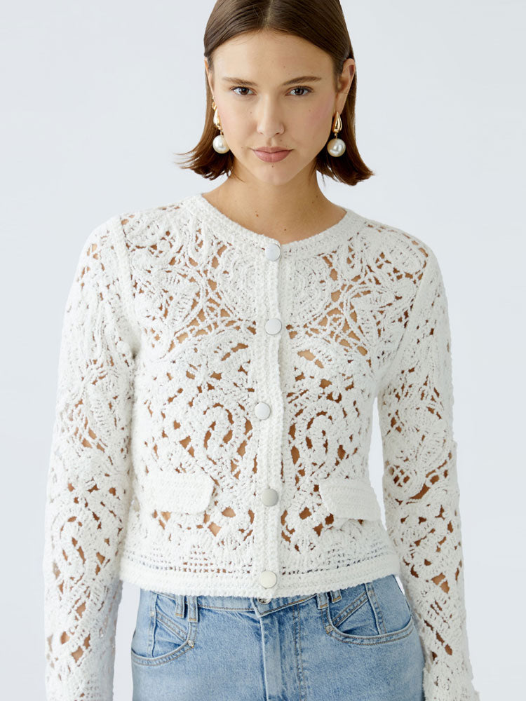 Oui Lace Effect Crochet Cardigan Cloud Dancer