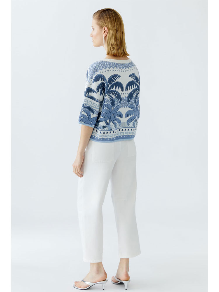 Oui Palm Tree Jumper Blue &amp; White