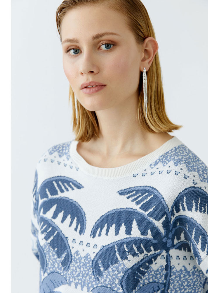 Oui Palm Tree Jumper Blue &amp; White