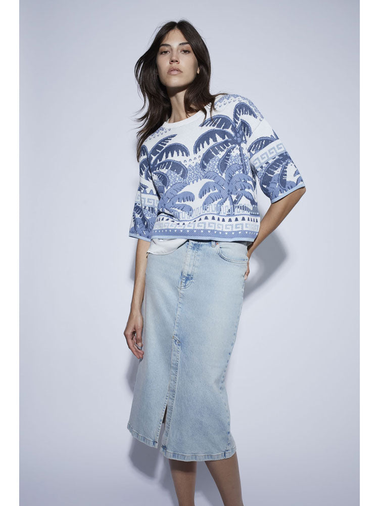 Oui Palm Tree Jumper Blue &amp; White