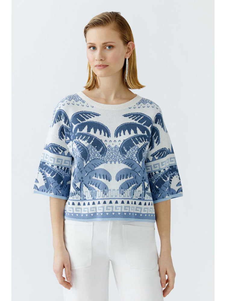 Oui Palm Tree Jumper Blue &amp; White