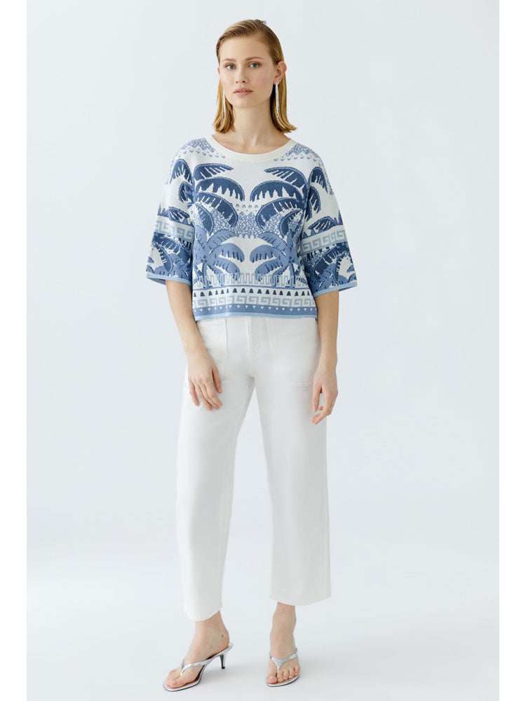 Oui Palm Tree Jumper Blue &amp; White