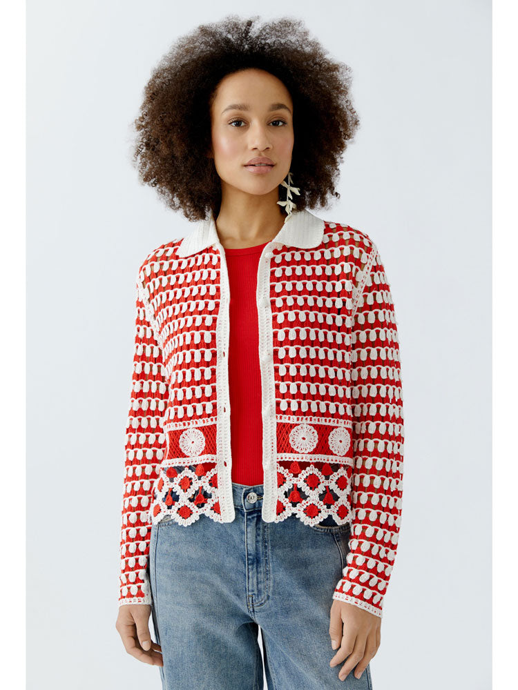 Oui Crochet Knit Cardigan Red