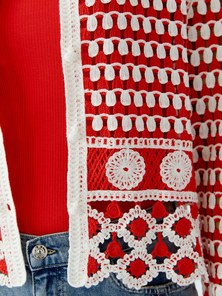 Oui Crochet Knit Cardigan Red