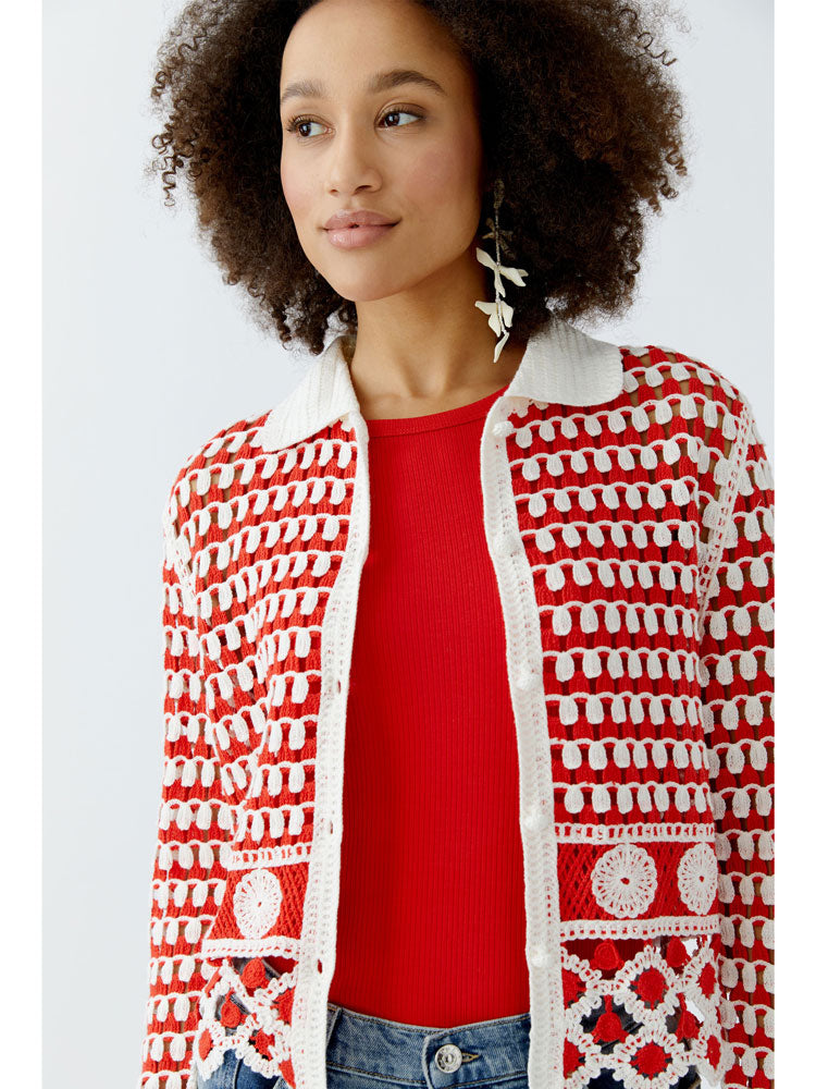 Oui Crochet Knit Cardigan Red