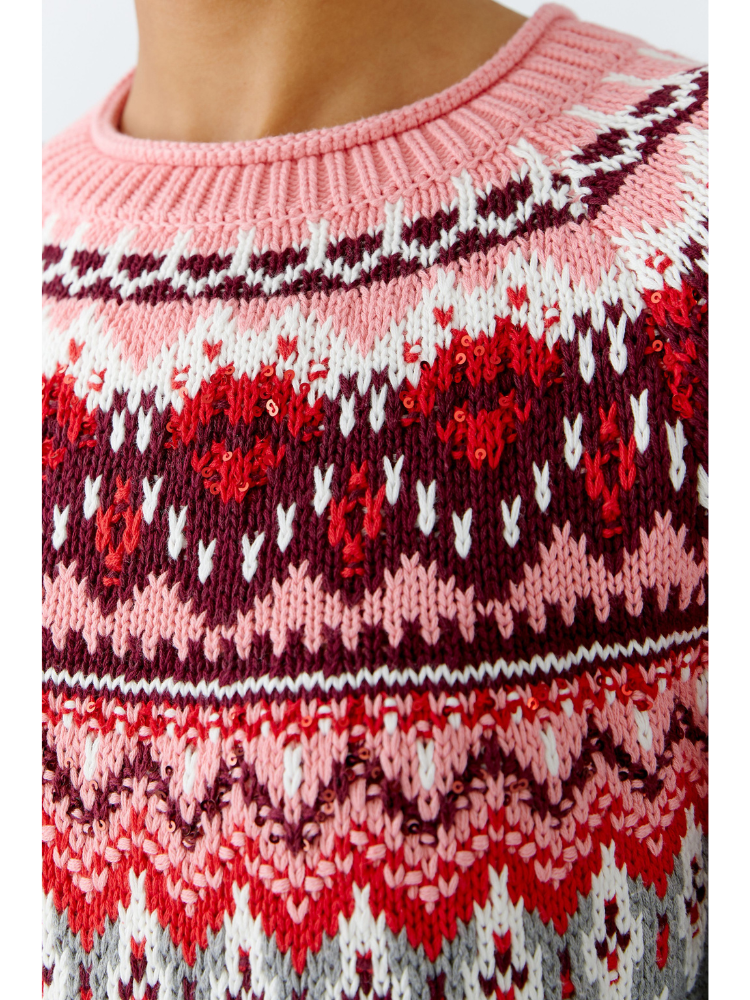 Oui Fair Isle Knit Pink &amp; Grey