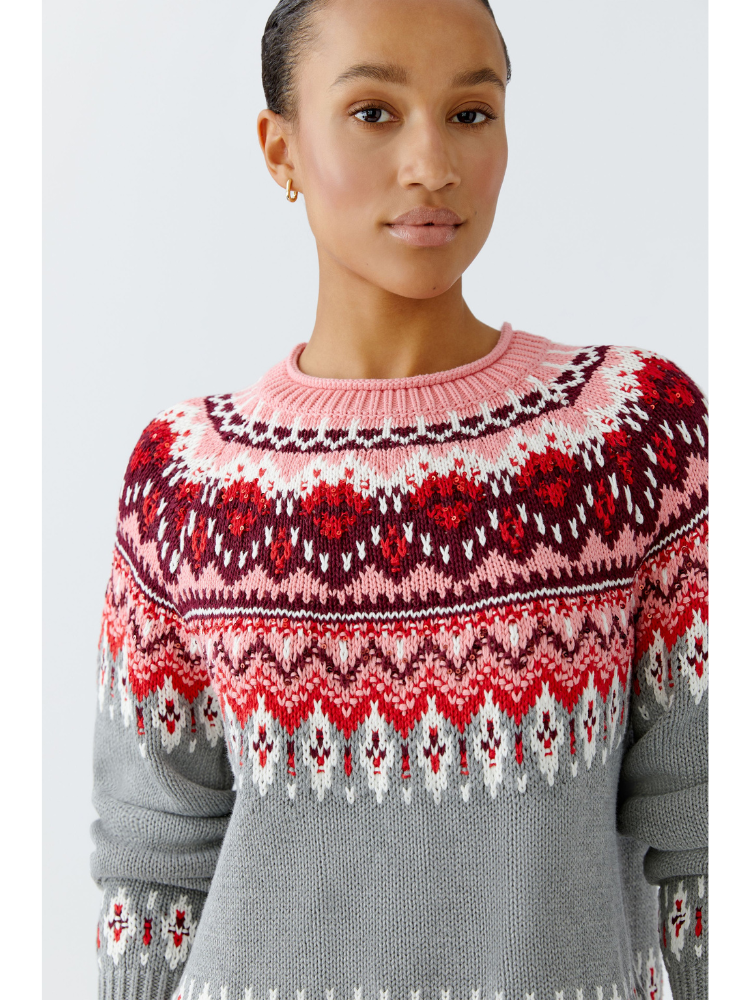 Oui Fair Isle Knit Pink &amp; Grey