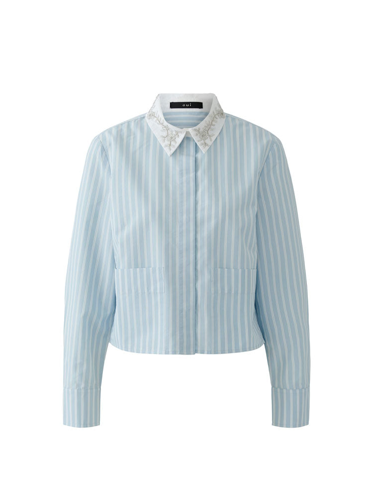 Oui Embellished Collared Blouse Blue & White