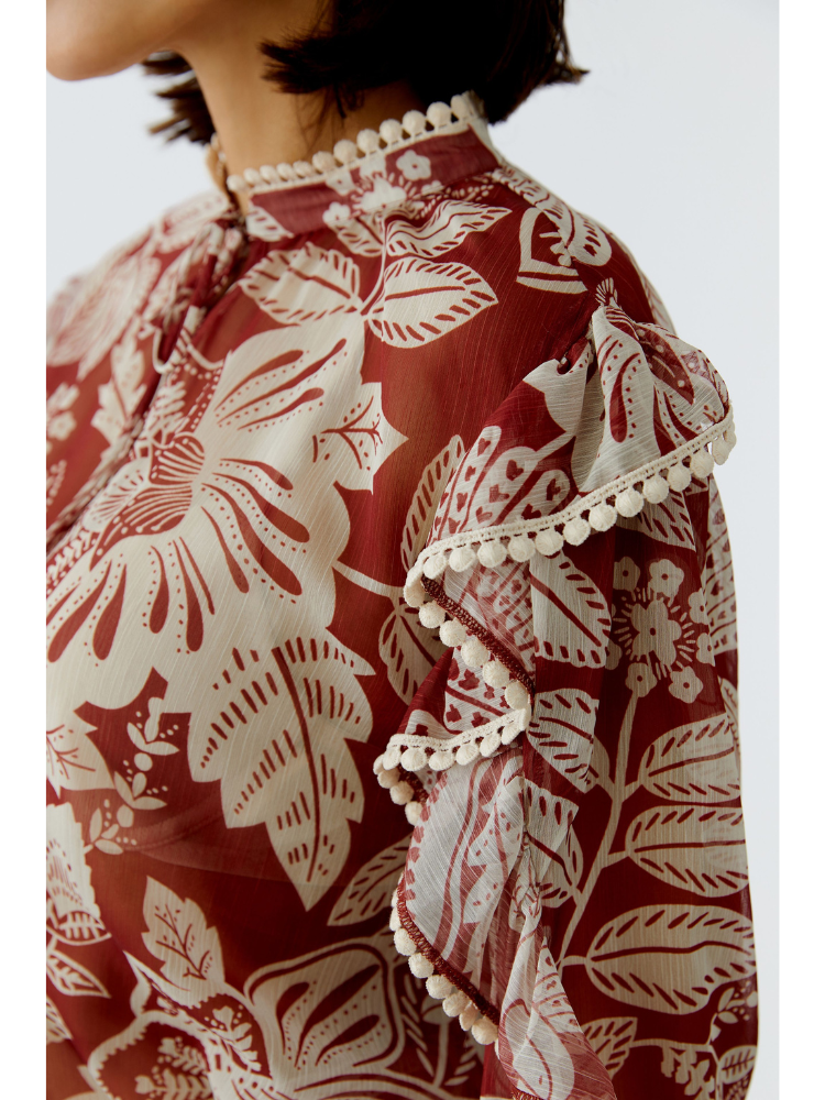 Oui Ruffle Trim Blouse Red