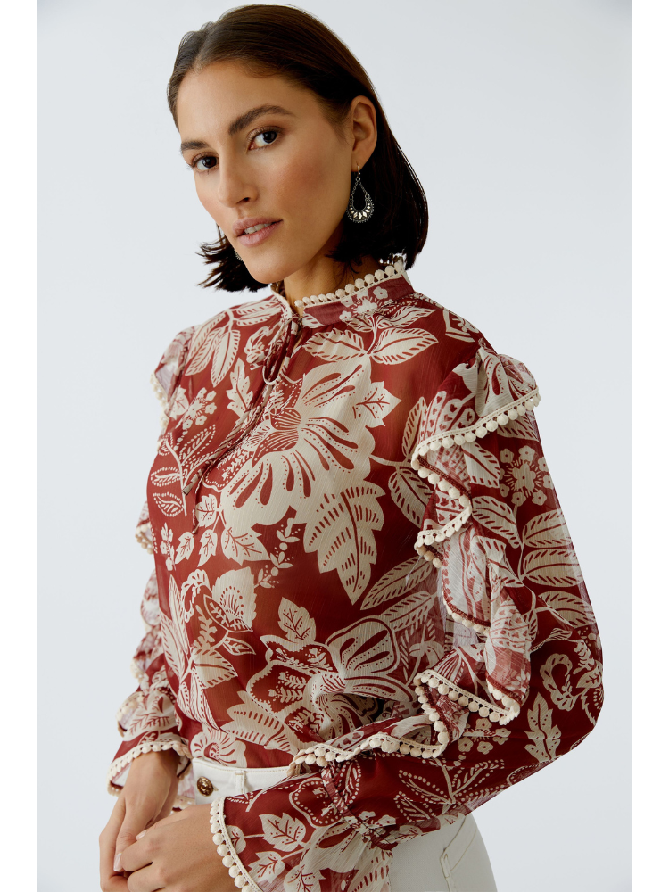 Oui Ruffle Trim Blouse Red