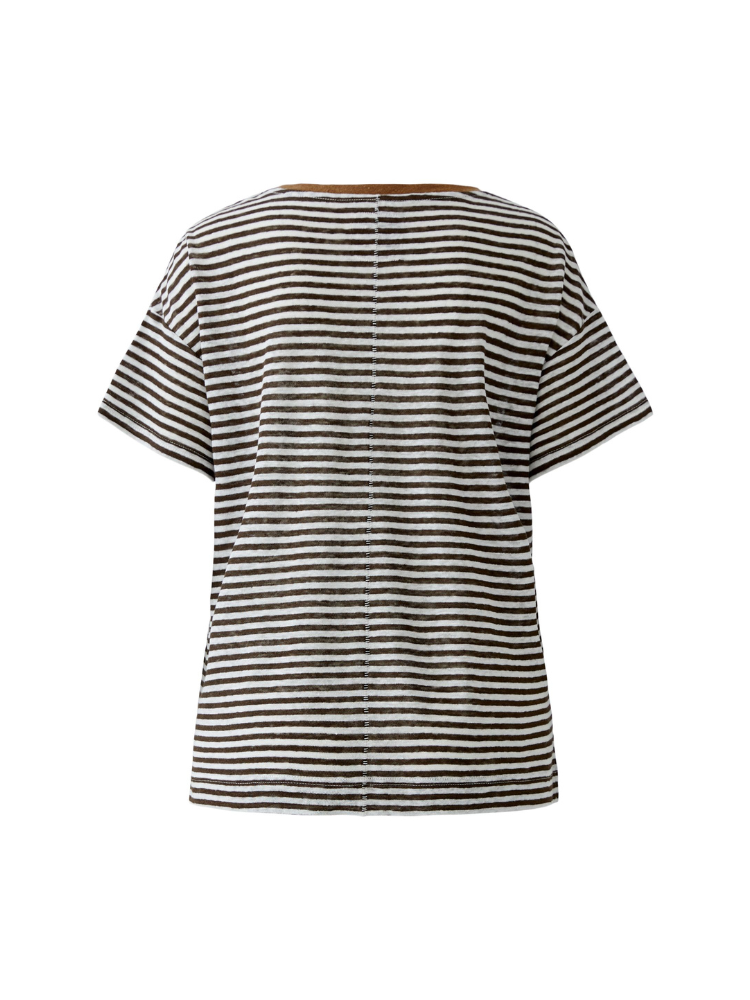Oui Linen T-Shirt Dark Brown Off White