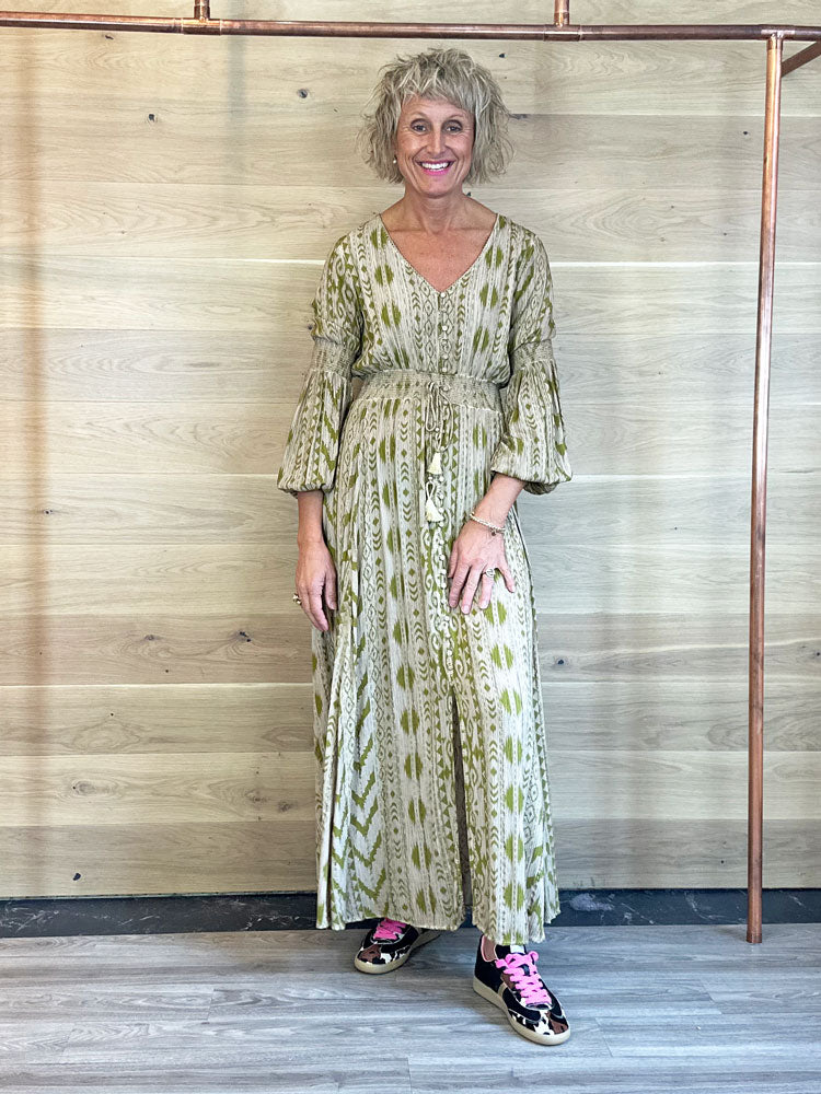 ACL Bohemian Style Dress with Tassel Detail in Green and Gold